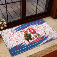 Slovakia Christmas Rubber Doormat with Bear Holding Tree Gingerbread Cookies and Red Blue Snowflake Pattern Design - Wonder Print Shop