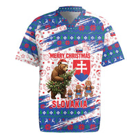 Slovakia Christmas Rugby Jersey with Bear Holding Tree Gingerbread Cookies and Red Blue Snowflake Pattern Design - Wonder Print Shop