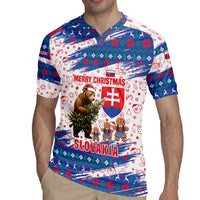 Slovakia Christmas Rugby Jersey with Bear Holding Tree Gingerbread Cookies and Red Blue Snowflake Pattern Design - Wonder Print Shop