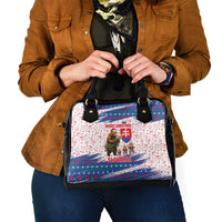 Slovakia Christmas Shoulder Handbag with Bear Holding Tree Gingerbread Cookies and Red Blue Snowflake Pattern Design - Wonder Print Shop