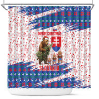 Slovakia Christmas Shower Curtain with Bear Holding Tree Gingerbread Cookies and Red Blue Snowflake Pattern Design - Wonder Print Shop