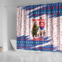 Slovakia Christmas Shower Curtain with Bear Holding Tree Gingerbread Cookies and Red Blue Snowflake Pattern Design - Wonder Print Shop