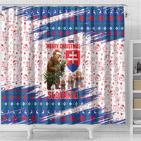 Slovakia Christmas Shower Curtain with Bear Holding Tree Gingerbread Cookies and Red Blue Snowflake Pattern Design - Wonder Print Shop