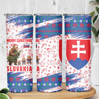 Slovakia Christmas Skinny Tumbler with Bear Holding Tree Gingerbread Cookies and Red Blue Snowflake Pattern Design - Wonder Print Shop
