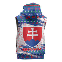 Slovakia Christmas Sleeveless Hoodie with Bear Holding Tree Gingerbread Cookies and Red Blue Snowflake Pattern Design - Wonder Print Shop
