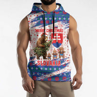 Slovakia Christmas Sleeveless Hoodie with Bear Holding Tree Gingerbread Cookies and Red Blue Snowflake Pattern Design - Wonder Print Shop