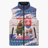 Slovakia Christmas Sleeveless Puffer Jacket with Bear Holding Tree Gingerbread Cookies and Red Blue Snowflake Pattern Design - Wonder Print Shop