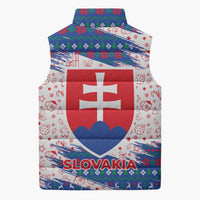 Slovakia Christmas Sleeveless Puffer Jacket with Bear Holding Tree Gingerbread Cookies and Red Blue Snowflake Pattern Design - Wonder Print Shop