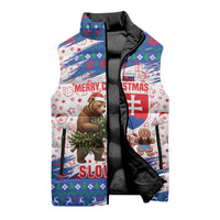 Slovakia Christmas Sleeveless Puffer Jacket with Bear Holding Tree Gingerbread Cookies and Red Blue Snowflake Pattern Design - Wonder Print Shop