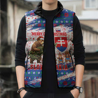 Slovakia Christmas Sleeveless Puffer Jacket with Bear Holding Tree Gingerbread Cookies and Red Blue Snowflake Pattern Design - Wonder Print Shop