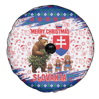Slovakia Christmas Spare Tire Cover with Bear Holding Tree Gingerbread Cookies and Red Blue Snowflake Pattern Design - Wonder Print Shop
