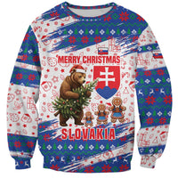 Slovakia Christmas Sweatshirt with Bear Holding Tree Gingerbread Cookies and Red Blue Snowflake Pattern Design - Wonder Print Shop