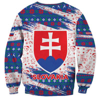 Slovakia Christmas Sweatshirt with Bear Holding Tree Gingerbread Cookies and Red Blue Snowflake Pattern Design - Wonder Print Shop