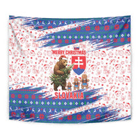 Slovakia Christmas Tapestry with Bear Holding Tree Gingerbread Cookies and Red Blue Snowflake Pattern Design - Wonder Print Shop