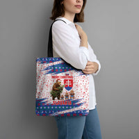 Slovakia Christmas Tote Bag with Bear Holding Tree Gingerbread Cookies and Red Blue Snowflake Pattern Design - Wonder Print Shop