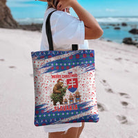 Slovakia Christmas Tote Bag with Bear Holding Tree Gingerbread Cookies and Red Blue Snowflake Pattern Design - Wonder Print Shop