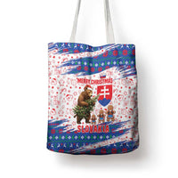 Slovakia Christmas Tote Bag with Bear Holding Tree Gingerbread Cookies and Red Blue Snowflake Pattern Design - Wonder Print Shop
