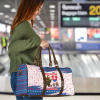 Slovakia Christmas Travel Bag with Bear Holding Tree Gingerbread Cookies and Red Blue Snowflake Pattern Design - Wonder Print Shop