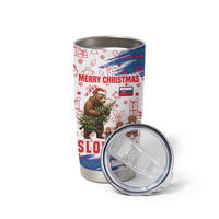 Slovakia Christmas Tumbler Cup with Bear Holding Tree Gingerbread Cookies and Red Blue Snowflake Pattern Design - Wonder Print Shop