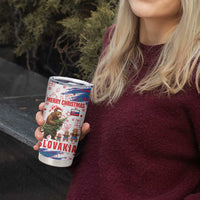 Slovakia Christmas Tumbler Cup with Bear Holding Tree Gingerbread Cookies and Red Blue Snowflake Pattern Design - Wonder Print Shop