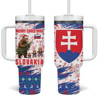 Slovakia Christmas Tumbler With Handle with Bear Holding Tree Gingerbread Cookies and Red Blue Snowflake Pattern Design - Wonder Print Shop