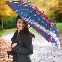 Slovakia Christmas Umbrella with Bear Holding Tree Gingerbread Cookies and Red Blue Snowflake Pattern Design - Wonder Print Shop