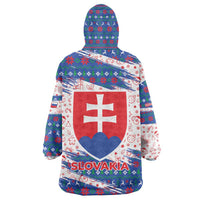 Slovakia Christmas Wearable Blanket Hoodie with Bear Holding Tree Gingerbread Cookies and Red Blue Snowflake Pattern Design - Wonder Print Shop