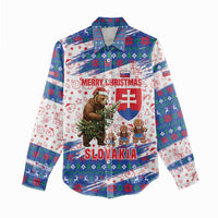 Slovakia Christmas Women Casual Shirt with Bear Holding Tree Gingerbread Cookies and Red Blue Snowflake Pattern Design - Wonder Print Shop