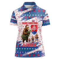 Slovakia Christmas Women Polo Shirt with Bear Holding Tree Gingerbread Cookies and Red Blue Snowflake Pattern Design - Wonder Print Shop