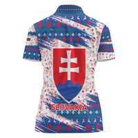 Slovakia Christmas Women Polo Shirt with Bear Holding Tree Gingerbread Cookies and Red Blue Snowflake Pattern Design - Wonder Print Shop