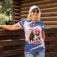 Slovakia Christmas Women Polo Shirt with Bear Holding Tree Gingerbread Cookies and Red Blue Snowflake Pattern Design - Wonder Print Shop