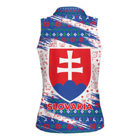 Slovakia Christmas Women Sleeveless Polo Shirt with Bear Holding Tree Gingerbread Cookies and Red Blue Snowflake Pattern Design - Wonder Print Shop