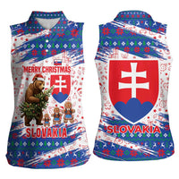 Slovakia Christmas Women Sleeveless Polo Shirt with Bear Holding Tree Gingerbread Cookies and Red Blue Snowflake Pattern Design - Wonder Print Shop