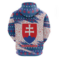 Slovakia Christmas Zip Hoodie with Bear Holding Tree Gingerbread Cookies and Red Blue Snowflake Pattern Design - Wonder Print Shop