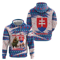 Slovakia Christmas Zip Hoodie with Bear Holding Tree Gingerbread Cookies and Red Blue Snowflake Pattern Design - Wonder Print Shop