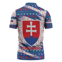 Slovakia Christmas Zipper Polo Shirt with Bear Holding Tree Gingerbread Cookies and Red Blue Snowflake Pattern Design - Wonder Print Shop