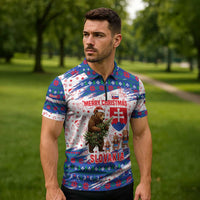 Slovakia Christmas Zipper Polo Shirt with Bear Holding Tree Gingerbread Cookies and Red Blue Snowflake Pattern Design - Wonder Print Shop
