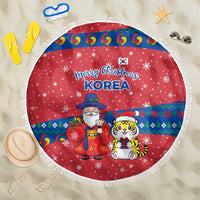 Korea Christmas Beach Blanket with Santa in Hanbok Tiger Character and Traditional Mask Pattern Design - Wonder Print Shop