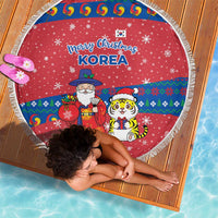 Korea Christmas Beach Blanket with Santa in Hanbok Tiger Character and Traditional Mask Pattern Design - Wonder Print Shop