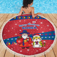 Korea Christmas Beach Blanket with Santa in Hanbok Tiger Character and Traditional Mask Pattern Design - Wonder Print Shop