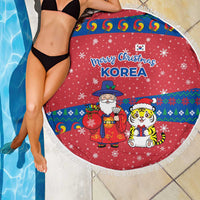 Korea Christmas Beach Blanket with Santa in Hanbok Tiger Character and Traditional Mask Pattern Design - Wonder Print Shop
