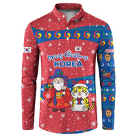 Korea Christmas Button Sweatshirt with Santa in Hanbok Tiger Character and Traditional Mask Pattern Design - Wonder Print Shop