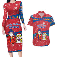 Korea Christmas Couples Matching Long Sleeve Bodycon Dress and Hawaiian Shirt with Santa in Hanbok Tiger Character and Traditional Mask Pattern Design - Wonder Print Shop