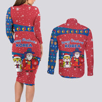 Korea Christmas Couples Matching Long Sleeve Bodycon Dress and Long Sleeve Button Shirt with Santa in Hanbok Tiger Character and Traditional Mask Pattern Design - Wonder Print Shop