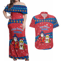 Korea Christmas Couples Matching Off Shoulder Maxi Dress and Hawaiian Shirt with Santa in Hanbok Tiger Character and Traditional Mask Pattern Design - Wonder Print Shop