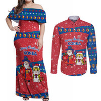 Korea Christmas Couples Matching Off Shoulder Maxi Dress and Long Sleeve Button Shirt with Santa in Hanbok Tiger Character and Traditional Mask Pattern Design - Wonder Print Shop