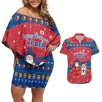 Korea Christmas Couples Matching Off Shoulder Short Dress and Hawaiian Shirt with Santa in Hanbok Tiger Character and Traditional Mask Pattern Design - Wonder Print Shop