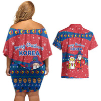 Korea Christmas Couples Matching Off Shoulder Short Dress and Hawaiian Shirt with Santa in Hanbok Tiger Character and Traditional Mask Pattern Design - Wonder Print Shop