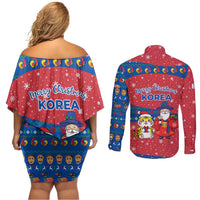Korea Christmas Couples Matching Off Shoulder Short Dress and Long Sleeve Button Shirt with Santa in Hanbok Tiger Character and Traditional Mask Pattern Design - Wonder Print Shop