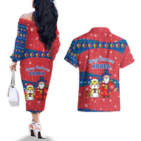 Korea Christmas Couples Matching Off The Shoulder Long Sleeve Dress and Hawaiian Shirt with Santa in Hanbok Tiger Character and Traditional Mask Pattern Design - Wonder Print Shop